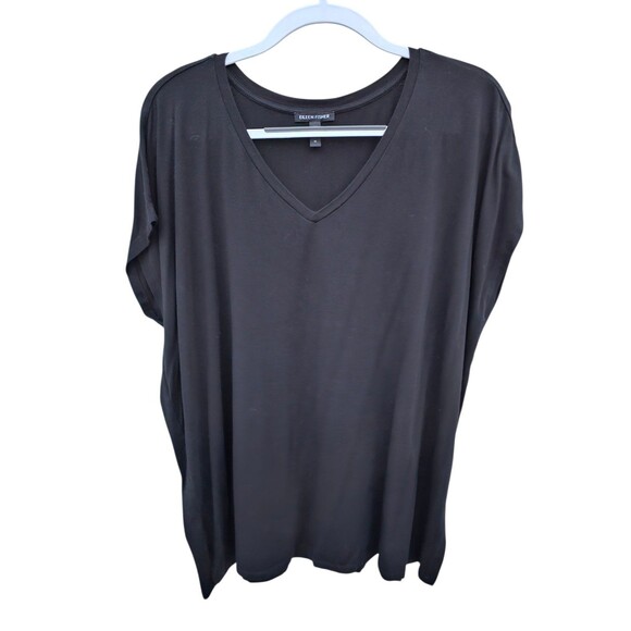 Eileen Fisher T-Shirt Woman 1X Basic Top Black Tencel Stretch Sleeveless V Neck - Picture 1 of 8